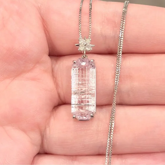 18K Rutilated Rose Quartz Diamond Necklace, White Gold, Floral, Pink Gem, Luxury